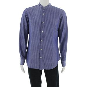 Giannetto Mens Crew Neck Striped Button Down Long Sleeve Shirt Blue Size 16.5